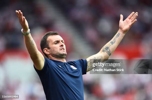 Nathan Jones manager of Stoke City reacts during the Sky Bet Championship match between Stoke City and Queens Park Rangers at Bet365 Stadium on...