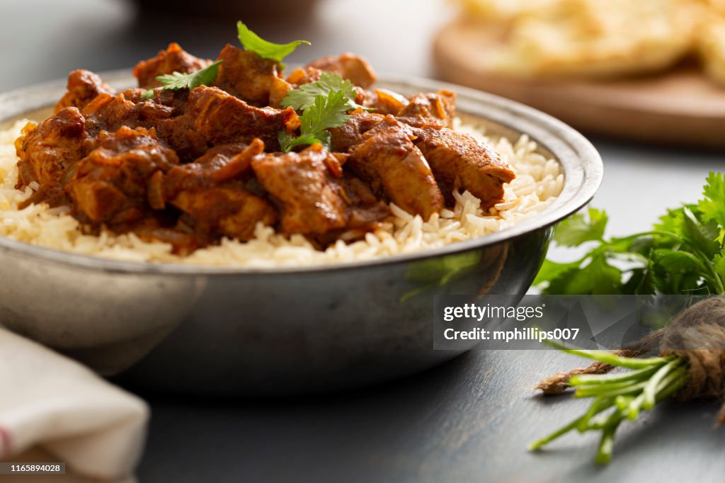 Indian Food Chicken Vindaloo Curry over Basmati Rice