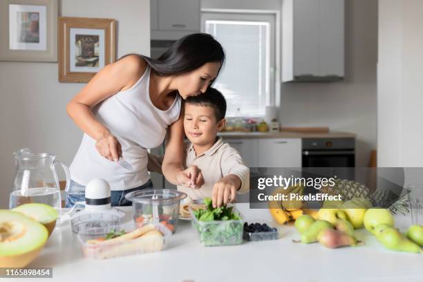 mother and little son blending smoothie in kitchen - young family in kitchen stock pictures, royalty-free photos & images