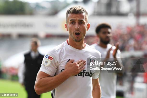 Joe Bryan of Fulham reacts after the Sky Bet Championship match between Barnsley and Fulham at Oakwell Stadium on August 03, 2019 in Barnsley,...