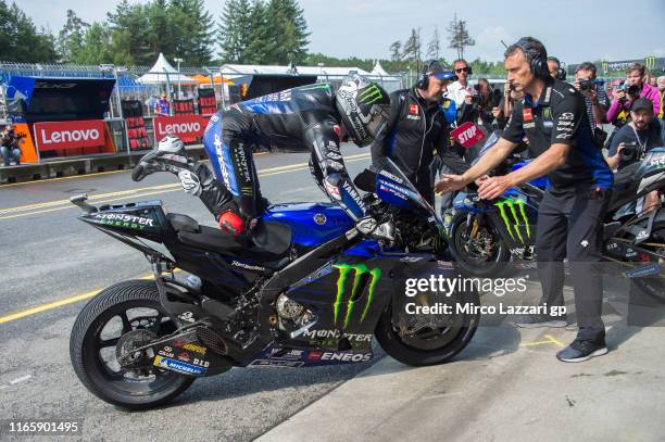 Maverick Vinales of Spain and Yamaha Factory Racing changes the bike in box during the MotoGp of Czech Republic - Qualifying at Brno Circuit on...