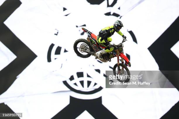 Josh Sheehan of Australia trains for the Moto X Best Whip competition at the X Games Minneapolis 2019 at U.S. Bank Stadium on August 03, 2019 in...