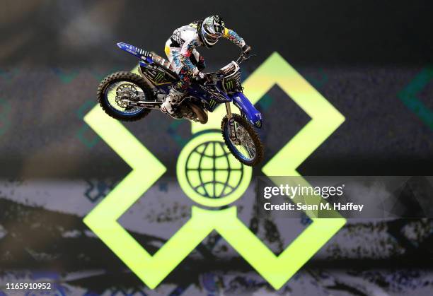 Jarryd McNeil of Australia trains for the Moto X Best Whip competition at the X Games Minneapolis 2019 at U.S. Bank Stadium on August 03, 2019 in...