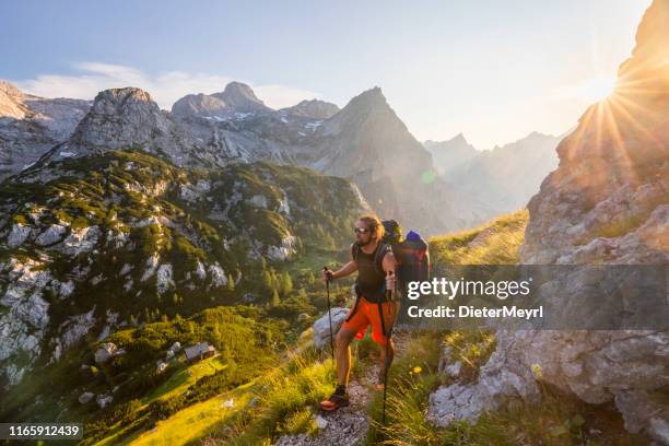 wanderer auf einem bergweg im nationalpark berchtesgaden bei königssee - berchtesgaden alps stock-fotos und bilder