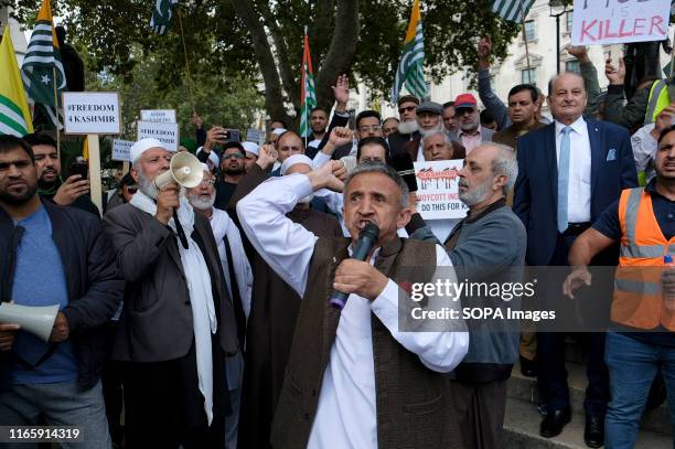 Protester speaks during the demonstration. Kashmir protesters gathered at Parliament Square to demand the stop of the Indian occupation in their...