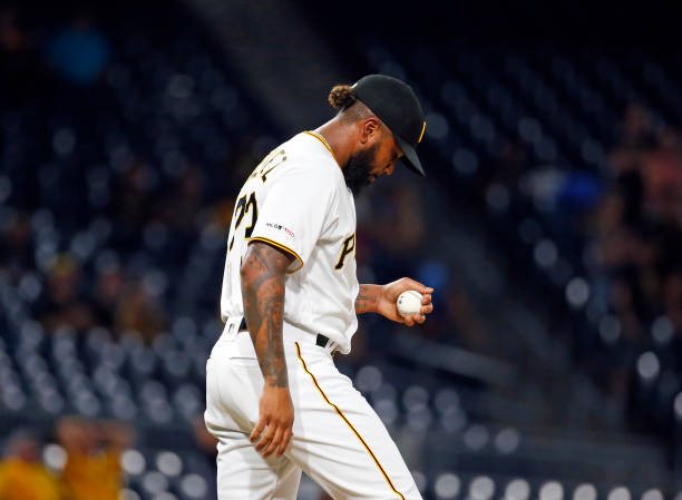 Felipe Vazquez of the Pittsburgh Pirates reacts after giving up a home run in the ninth inning against the Miami Marlins at PNC Park on September 3,...