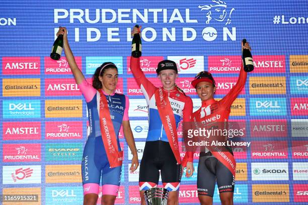Podium / Elisa Balsamo of Italy and Valcar Cylance Cycling Team / Lorena Wiebes of The Netherlands and Team Parkhotel Valkenburg / Coryn Rivera of...