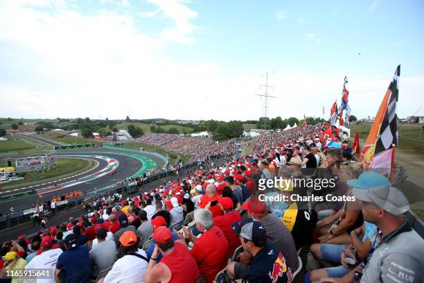 General view as fans watch the action during qualifying for the F1 Grand Prix of Hungary at Hungaroring on August 03, 2019 in Budapest, Hungary.