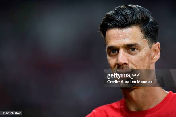 Jose Fonte of Lille looks on during warmup before the Friendly match between Lille and AS Roma at Stade Pierre Mauroy on August 03, 2019 in Lille,...