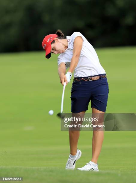 Carlota Ciganda of Spain plays her second shot on the par 5, 15th hole during the third round of the AIG Women's British Open on the Marquess Course...