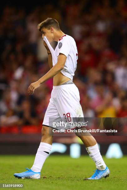 Daniel Maldini of AC Milan reacts after missing in the penalty shoot-out following the 2019 International Champions Cup match between Manchester...