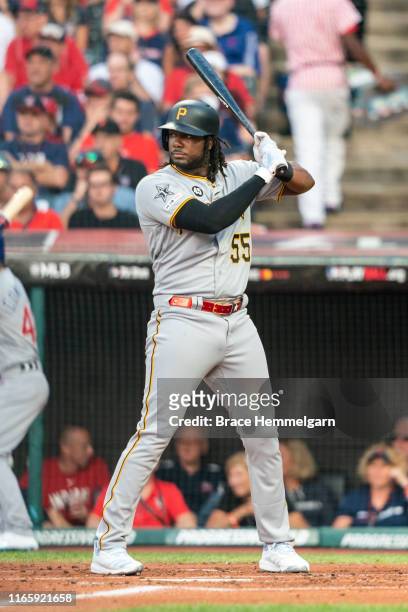National League All-Star Josh Bell of the Pittsburgh Pirates bats during the 90th MLB All-Star Game on July 9, 2019 at Progressive Field in...