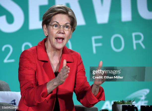 Democratic presidential candidate, Sen. Elizabeth Warren speaks during the 2020 Public Service Forum hosted by the American Federation of State,...