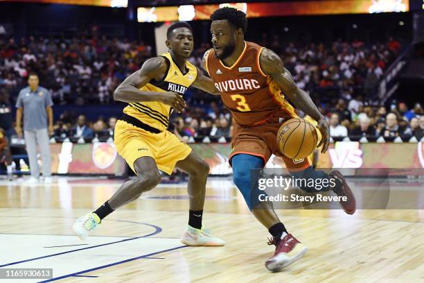 Will Bynum of the Bivouac dribbles the ball while being guarded by Franklin Session of the Killer 3's in the first half during week seven of the BIG3...