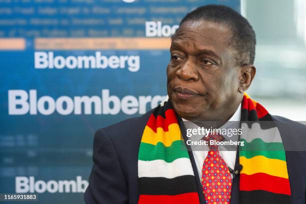 Emmerson Mnangagwa, Zimbabwe's president, pauses during a Bloomberg Television interview on the opening day of the 28th World Economic Forum on...