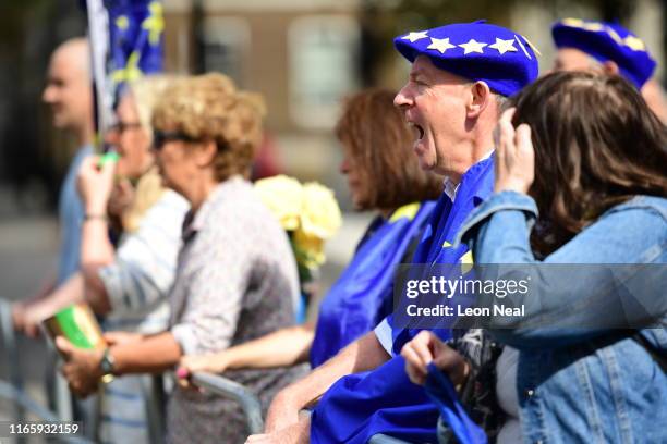 Anti Brexit protesters take part in a demonstration outside the Houses of Parliament on September 4, 2019 in London, England. Last night the Rebel...