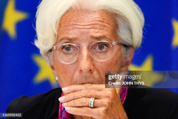 French President-designate of the European Central Bank Christine Lagarde reacts during a meeting prior's to attend a European Parliament's Committee...