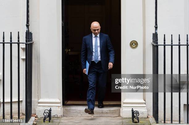 Chancellor of the Exchequer Sajid Javid leaves Downing Street to attend the weekly PMQ session in the House of Commons on 04 September, 2019 in...