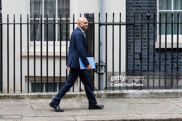 Chancellor of the Exchequer Sajid Javid leaves Downing Street to attend the weekly PMQ session in the House of Commons on 04 September, 2019 in...