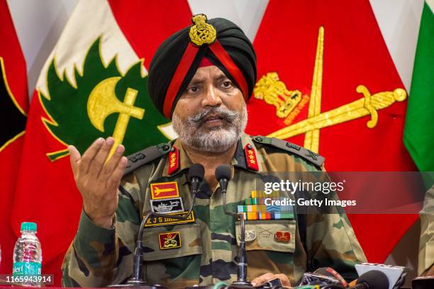 Indian Army General Officer Commanding 15 Corps K.J.S. Dhillon speaks during a press conference at an army headquarters on September 04, 2019 in...