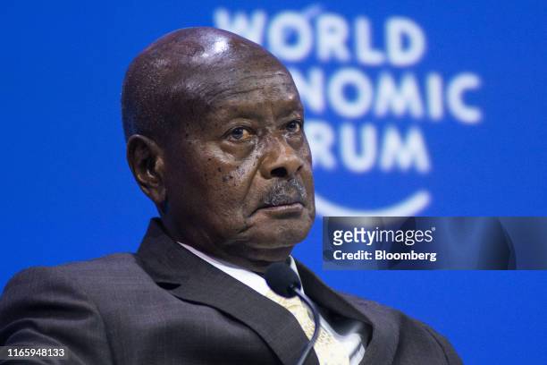 Yoweri Kaguta Museveni, Uganda's president, pauses during a panel session on the opening day of the 28th World Economic Forum on Africa in Cape Town,...