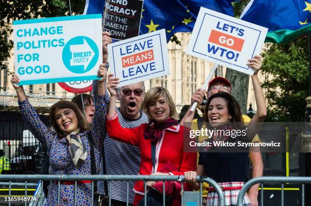 Pro and anti-Brexit demonstrators protest outside the Houses of Parliament in London on 04 September 2019 in London, England. Boris Johnson's...