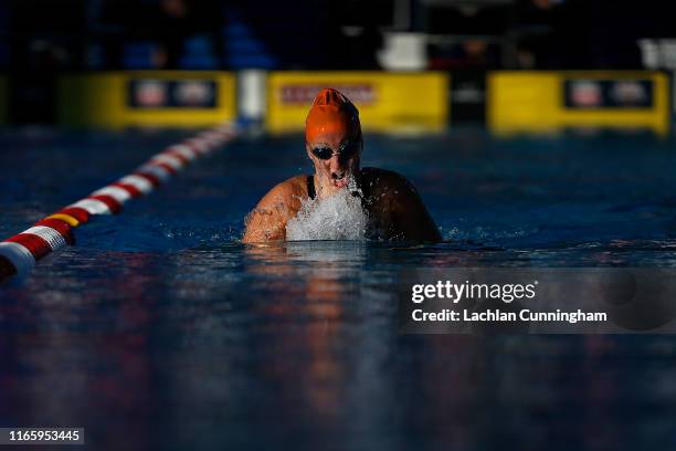 Alexis Yager swims in the Women's 400m Individual Medley C final during day 3 of the Phillips 66 National Championships on August 02, 2019 in...