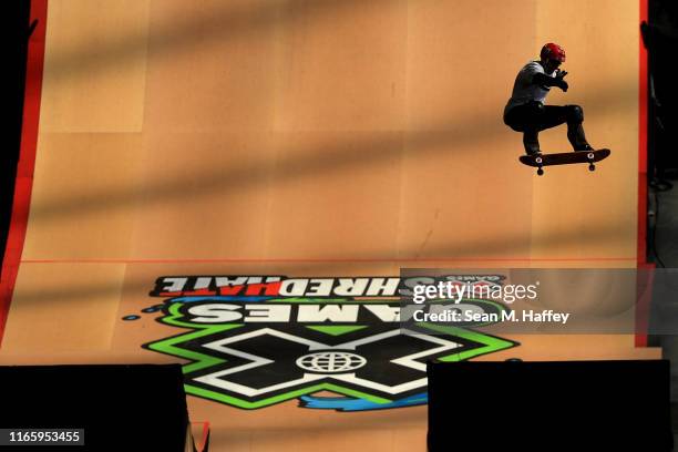 Rony Gomes of Brazil competes in Skateboard Big Air at the X Games Minneapolis 2019 at U.S. Bank Stadium on August 03, 2019 in Minneapolis, Minnesota.