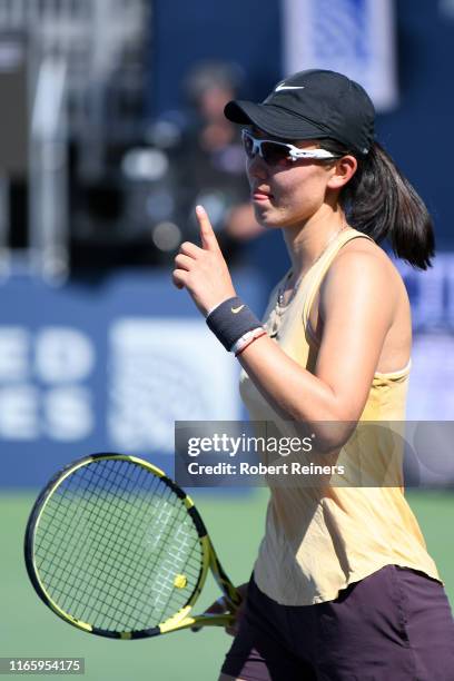 Saisai Zheng of China reacts after defeating Maria Sakkari of Greece in their semifinal match of the Mubadala Silicon Valley Classic at the San José...