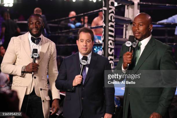 Fight Night Announcers include left to right Former Heavyweight Champion Lennox Lewis, current WBC Heavyweight Champion Deontay Wilder and Kenny...