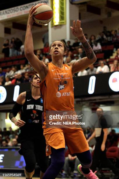 Brittney Griner of the Phoenix Mercury shoots the ball against the New York Liberty on August 27, 2019 at the Westchester County Center in White...