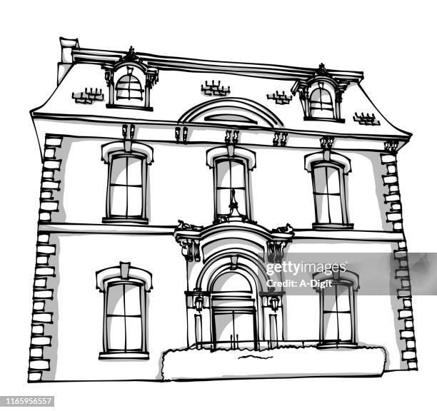 old municipal hall - pencil drawing house stock illustrations