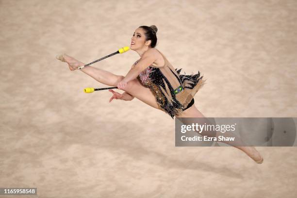 Natalia Gaudio of Brazil competes in the clubs of the individual all around and qualification rhythmic gymnastics on Day 8 of Lima 2019 Pan American...