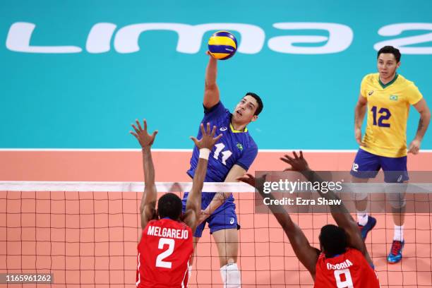 Rodrigo Leao of Brazil splikes during men´s volleyball semifinal match between Brazil and Cuba at Polideportivo Callao of Villa Deportiva Regional...