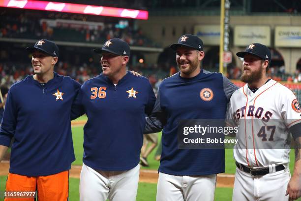 Aaron Sanchez of the Houston Astros, Will Harris, Joe Biagini and Chris Devenski combined for a no hitter against the Seattle Mariners at Minute Maid...