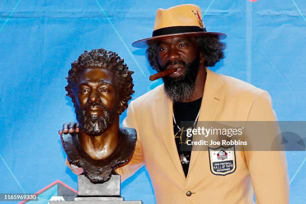 Ed Reed with his bust during his enshrinement into the Pro Football Hall of Fame at Tom Benson Hall Of Fame Stadium on August 3, 2019 in Canton, Ohio.