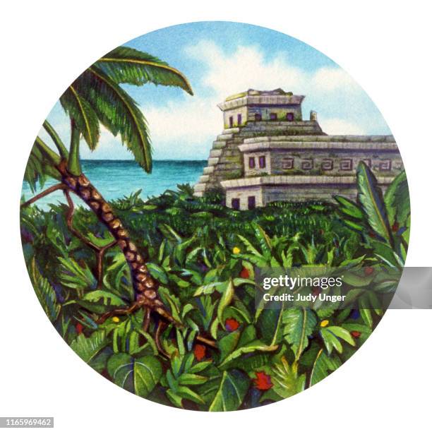 mexican scene turquoise - mayan ruins stock illustrations