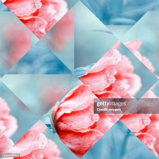 seamless peony flowers kaleidoscopic mosaic pattern blue background - kaleidoskop muster stock-fotos und bilder