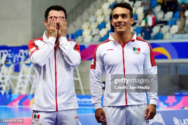 Yahel Castillo and Juan Manuel Celaya of Mexico pose during the Medal Ceremony after Men's Synchronised 3m Springboard Final on Day 8 of Lima 2019...