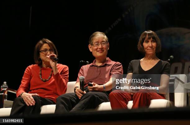 Judy Elkins, Mike Okuda and Denise Okuda speak during the "Trials & Tribbl-ations: Behind the Scenes" panel at the 18th annual Official Star Trek...