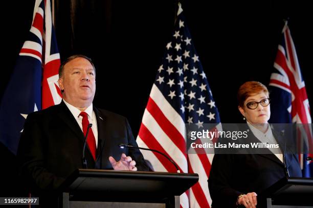 United States Secretary of State, Mike Pompeo and Australian Foreign Minister, Marise Payne speak during a press conference at Parliament of New...