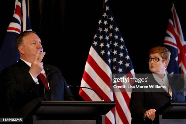 United States Secretary of State, Mike Pompeo gestures during a press conference whilst standing next to and Australian Foreign Minister, Marise...