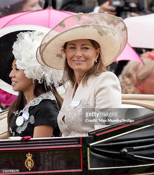 Carole Middleton arrives in the Royal carriage procession as she attends day 3, "Ladies Day" of Royal Ascot at Ascot Racecourse on June 16, 2011 in...