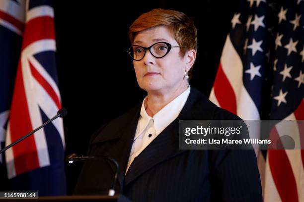 Australian Foreign Minister, Marise Payne speaks during a press conference at Parliament of New South Wales on August 04, 2019 in Sydney, Australia....