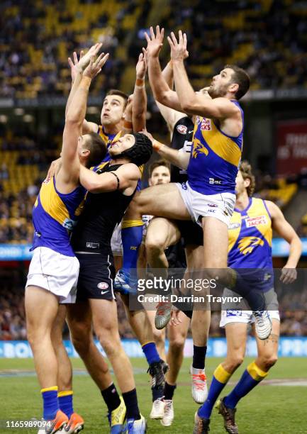 Jack Darling of the Eagles attempts to mark the ball during the round 20 AFL match between the Carlton Blues and the West Coast Eagles at Marvel...