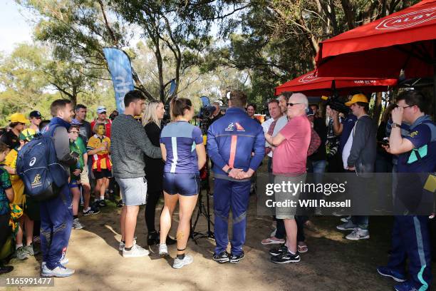 Michael Hooper of the Wallabies and Grace Hamilton of the Wallaroos during the Wallabies and Wallaroos joint media opportunity at the UWA Sports...