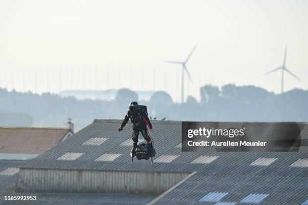 French hoverboard star Franky Zapata takes to the air to cross the Channel from France to England using a hoverboard on August 4th, 2019 in Calais,...