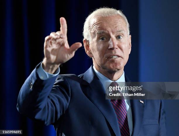 Democratic presidential candidate and former U.S. Vice President Joe Biden speaks during the 2020 Public Service Forum hosted by the American...