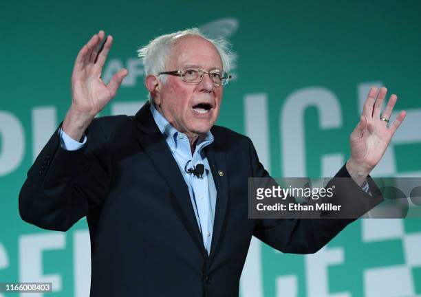 Democratic presidential candidate and U.S. Sen. Bernie Sanders speaks during the 2020 Public Service Forum hosted by the American Federation of...