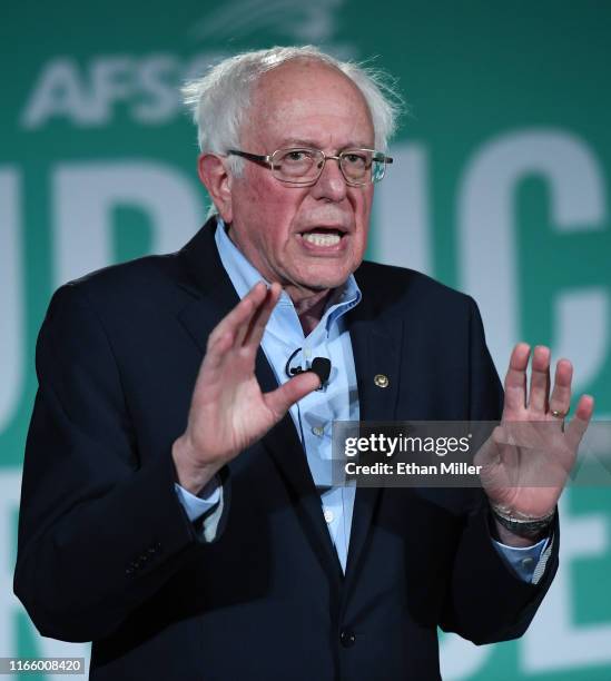 Democratic presidential candidate and U.S. Sen. Bernie Sanders speaks during the 2020 Public Service Forum hosted by the American Federation of...